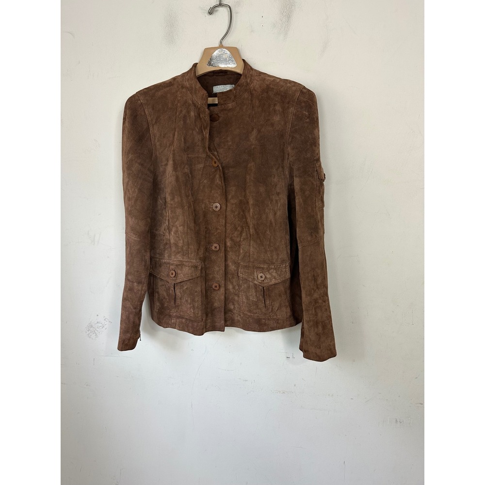 August Silk Logic Brown Suede Jacket Mandarin Collar Utility Pockets Womens - Picture 2 of 8